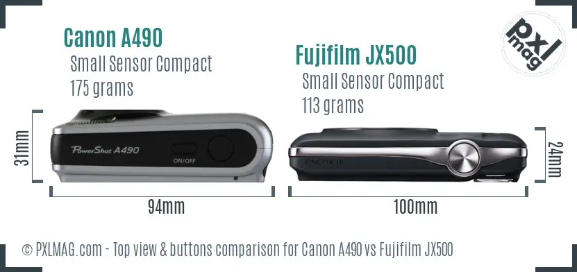 Canon A490 vs Fujifilm JX500 top view buttons comparison