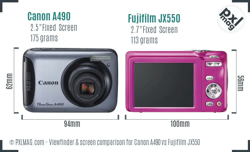 Canon A490 vs Fujifilm JX550 Screen and Viewfinder comparison