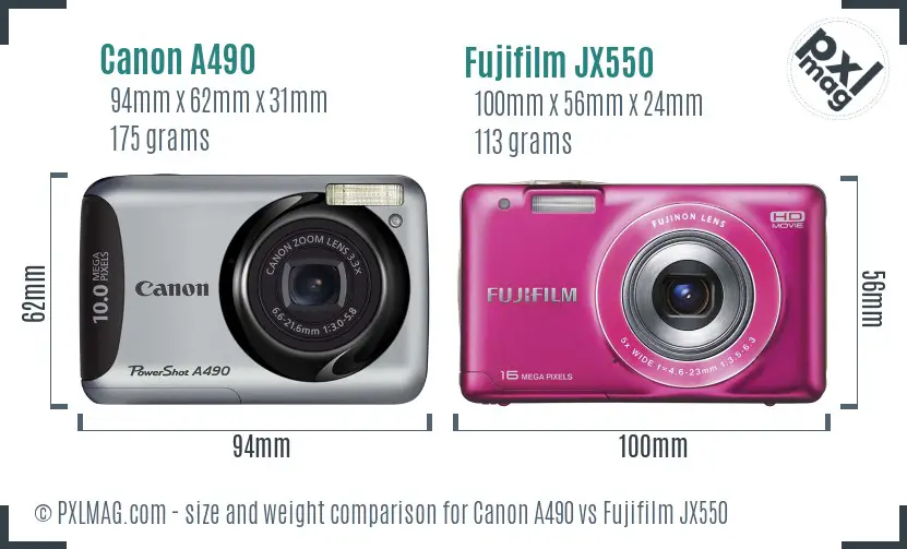 Canon A490 vs Fujifilm JX550 size comparison