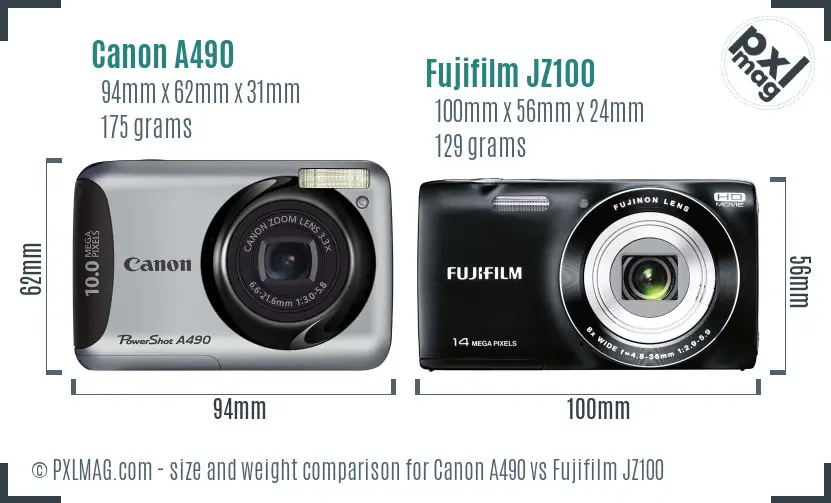 Canon A490 vs Fujifilm JZ100 size comparison Canon A490 vs Fujifilm JZ100 size comparison