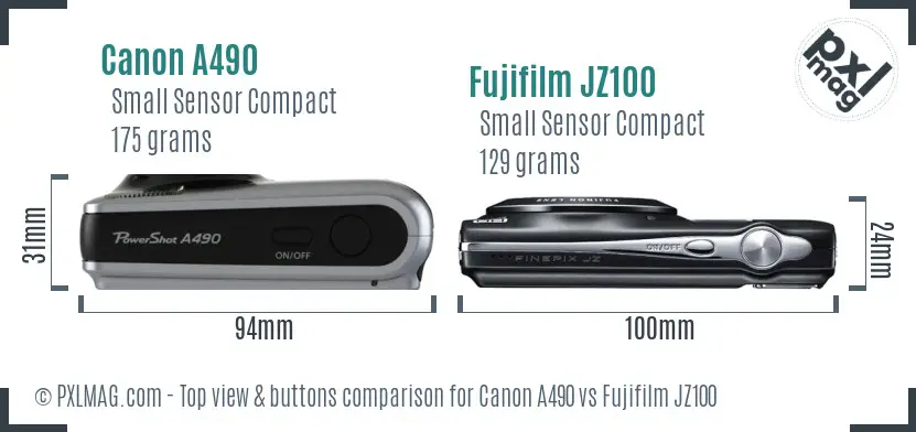 Canon A490 vs Fujifilm JZ100 top view buttons comparison Canon A490 vs Fujifilm JZ100 top view buttons comparison