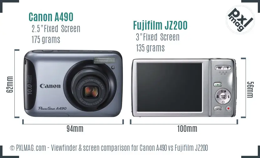 Canon A490 vs Fujifilm JZ200 Screen and Viewfinder comparison