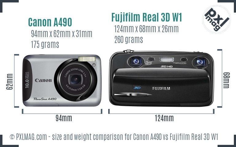 Canon A490 vs Fujifilm Real 3D W1 size comparison Canon A490 vs Fujifilm Real 3D W1 size comparison