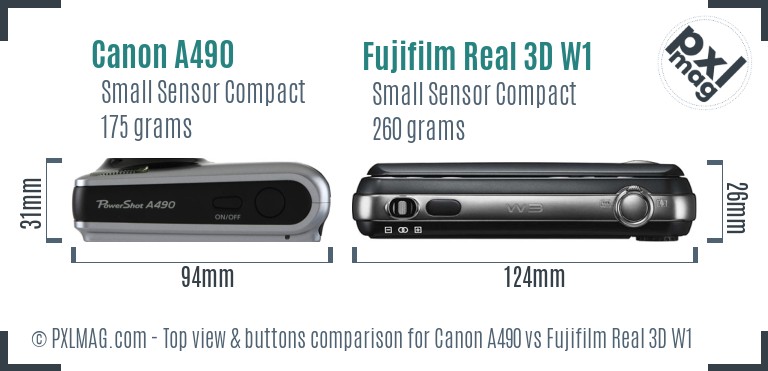 Canon A490 vs Fujifilm Real 3D W1 top view buttons comparison