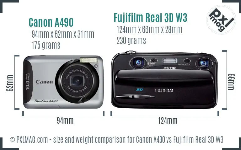 Canon A490 vs Fujifilm Real 3D W3 size comparison