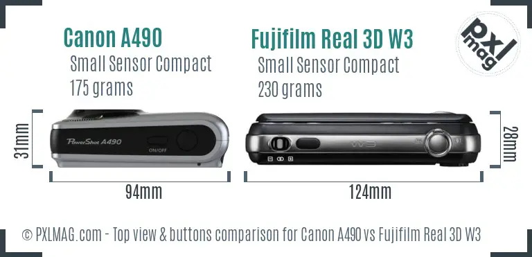 Canon A490 vs Fujifilm Real 3D W3 top view buttons comparison