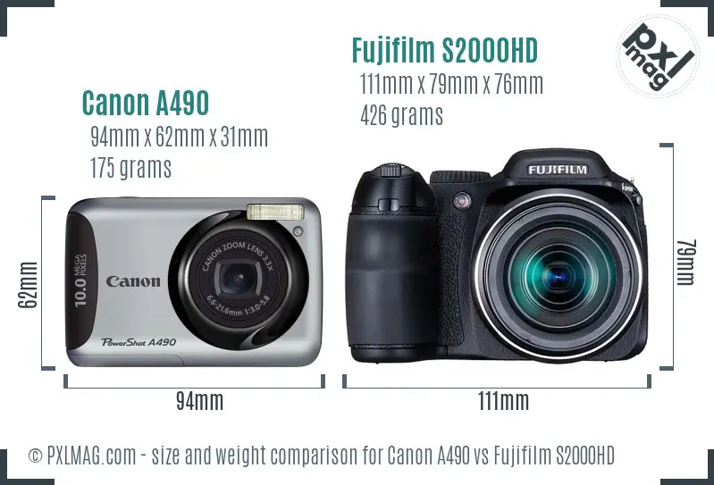Canon A490 vs Fujifilm S2000HD size comparison