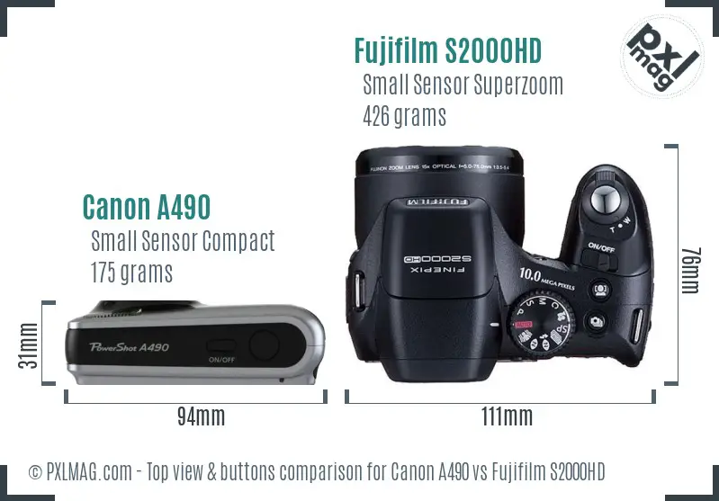 Canon A490 vs Fujifilm S2000HD top view buttons comparison