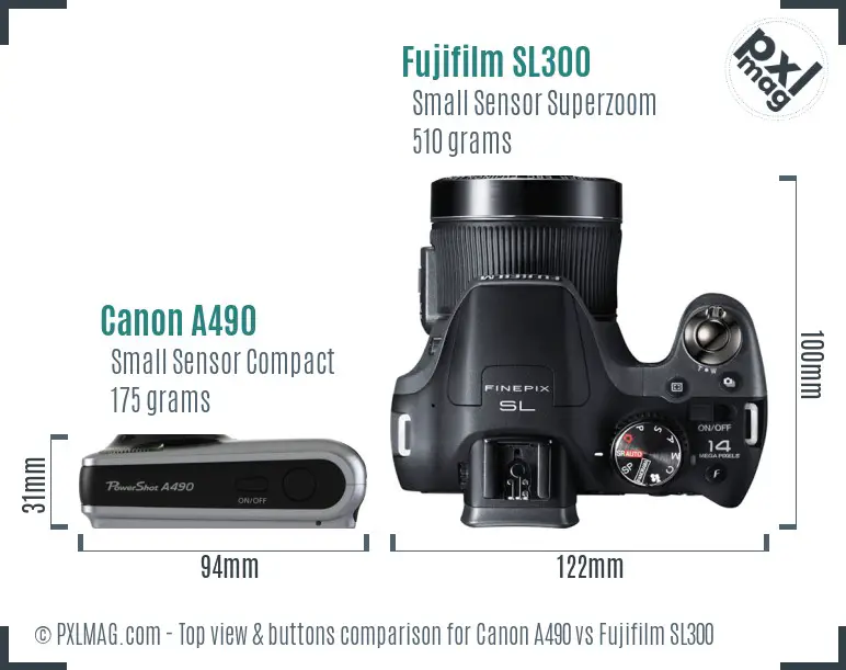 Canon A490 vs Fujifilm SL300 top view buttons comparison