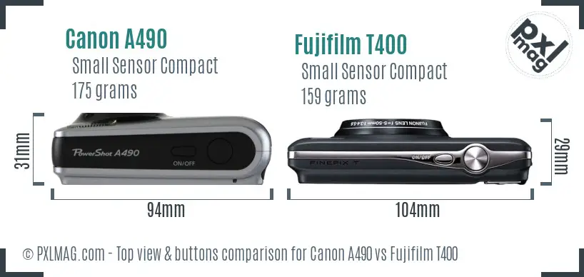 Canon A490 vs Fujifilm T400 top view buttons comparison