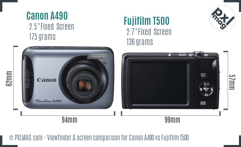 Canon A490 vs Fujifilm T500 Screen and Viewfinder comparison