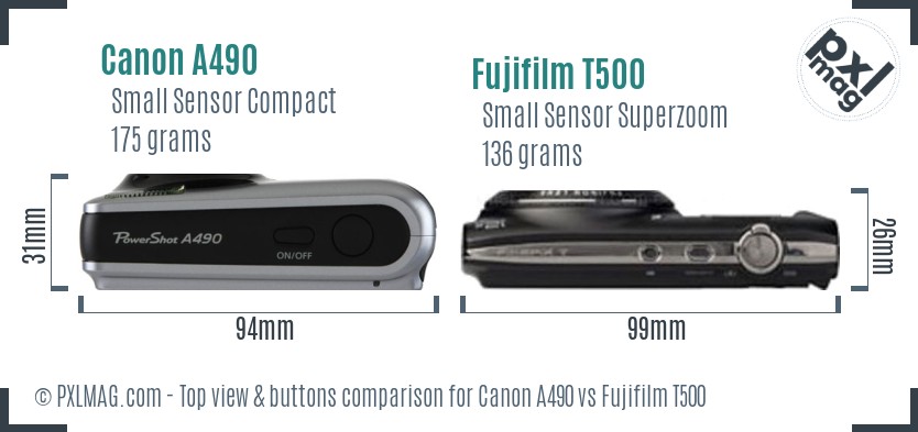Canon A490 vs Fujifilm T500 top view buttons comparison