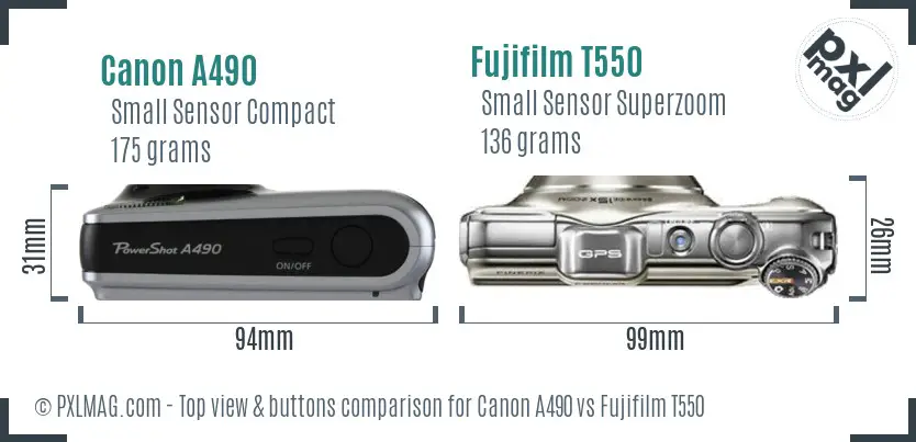 Canon A490 vs Fujifilm T550 top view buttons comparison