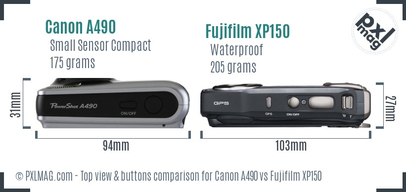 Canon A490 vs Fujifilm XP150 top view buttons comparison