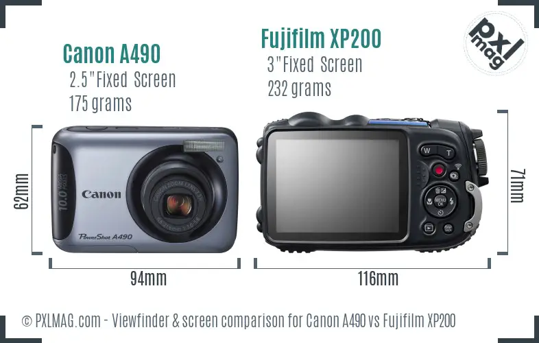 Canon A490 vs Fujifilm XP200 Screen and Viewfinder comparison