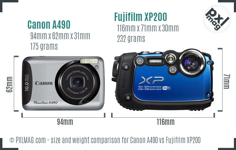 Canon A490 vs Fujifilm XP200 size comparison