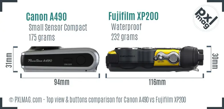 Canon A490 vs Fujifilm XP200 top view buttons comparison