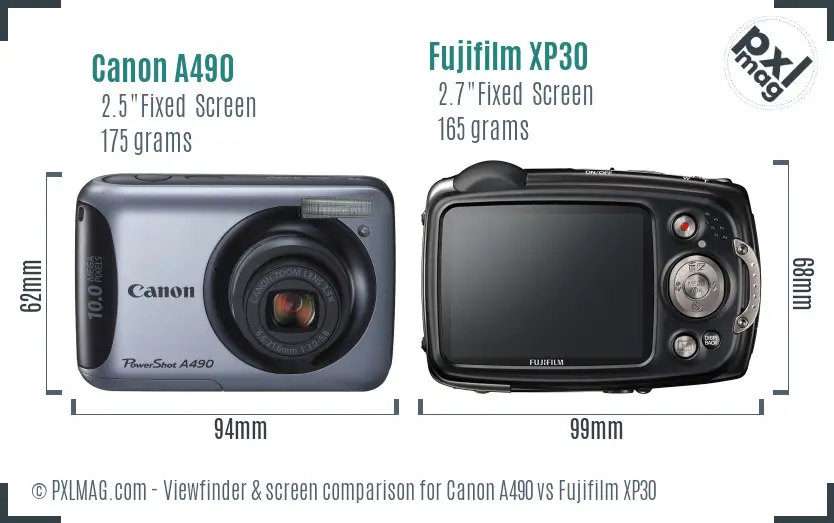 Canon A490 vs Fujifilm XP30 Screen and Viewfinder comparison