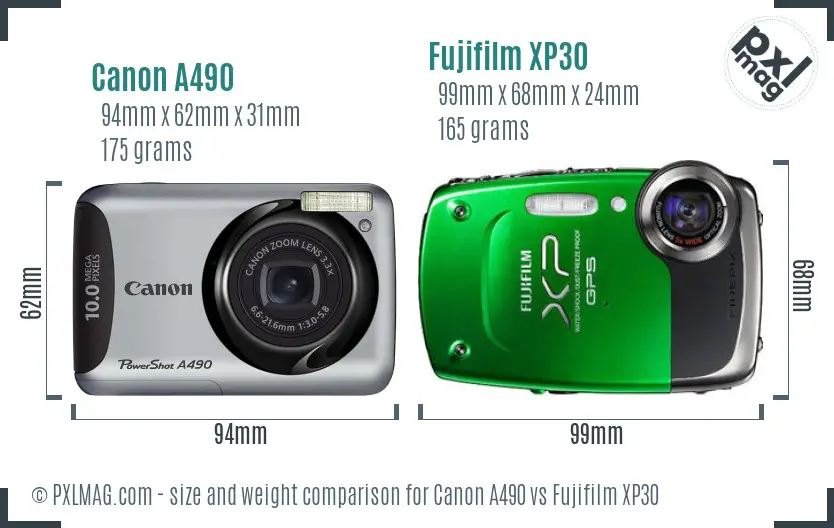 Canon A490 vs Fujifilm XP30 size comparison