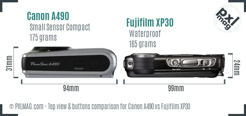 Canon A490 vs Fujifilm XP30 top view buttons comparison