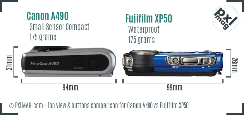 Canon A490 vs Fujifilm XP50 top view buttons comparison Canon A490 vs Fujifilm XP50 top view buttons comparison