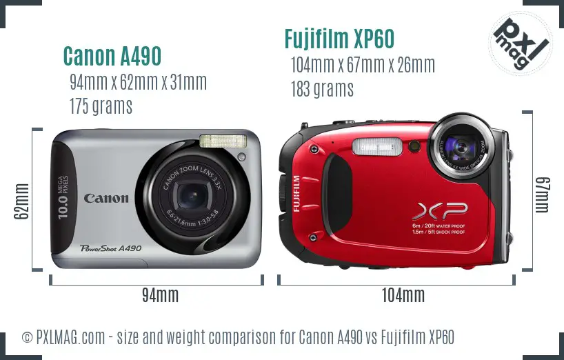 Canon A490 vs Fujifilm XP60 size comparison