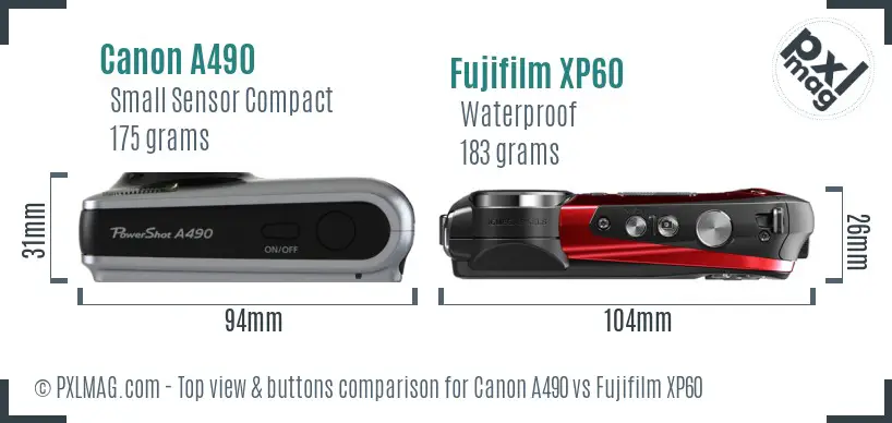 Canon A490 vs Fujifilm XP60 top view buttons comparison