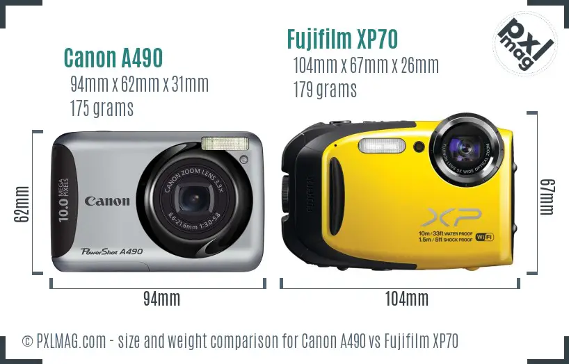Canon A490 vs Fujifilm XP70 size comparison