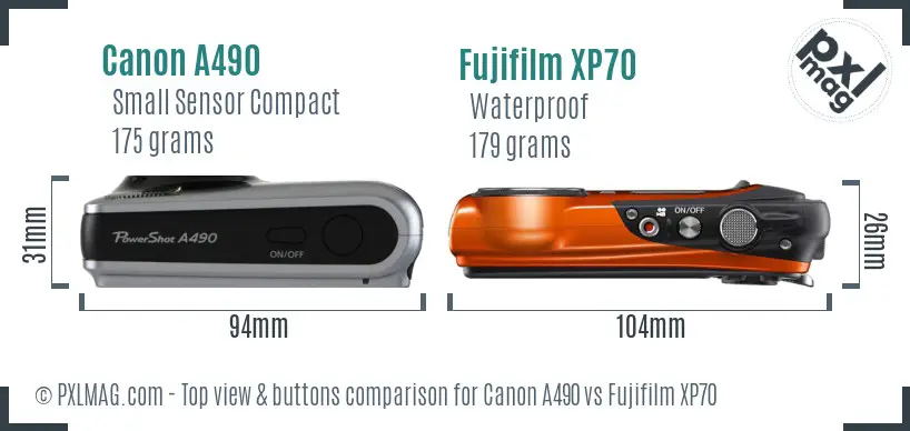 Canon A490 vs Fujifilm XP70 top view buttons comparison