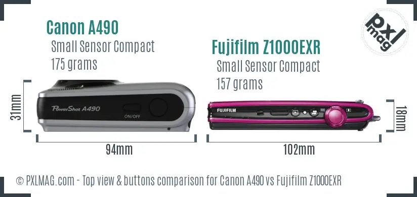 Canon A490 vs Fujifilm Z1000EXR top view buttons comparison