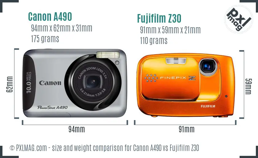 Canon A490 vs Fujifilm Z30 size comparison