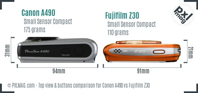 Canon A490 vs Fujifilm Z30 top view buttons comparison