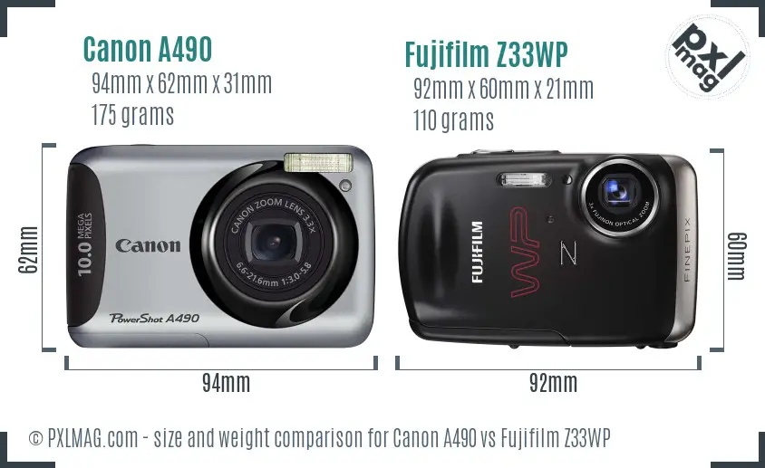 Canon A490 vs Fujifilm Z33WP size comparison