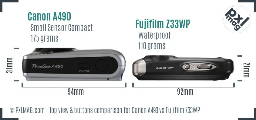 Canon A490 vs Fujifilm Z33WP top view buttons comparison