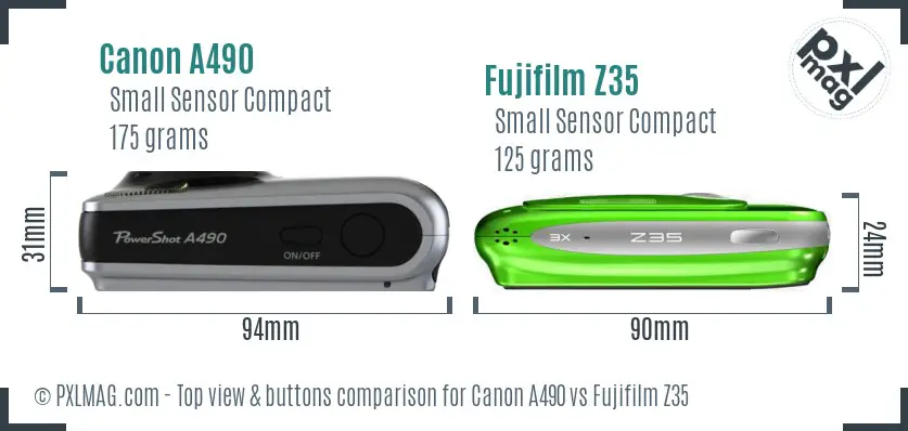 Canon A490 vs Fujifilm Z35 top view buttons comparison