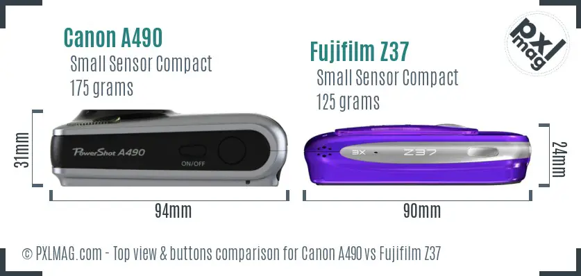 Canon A490 vs Fujifilm Z37 top view buttons comparison