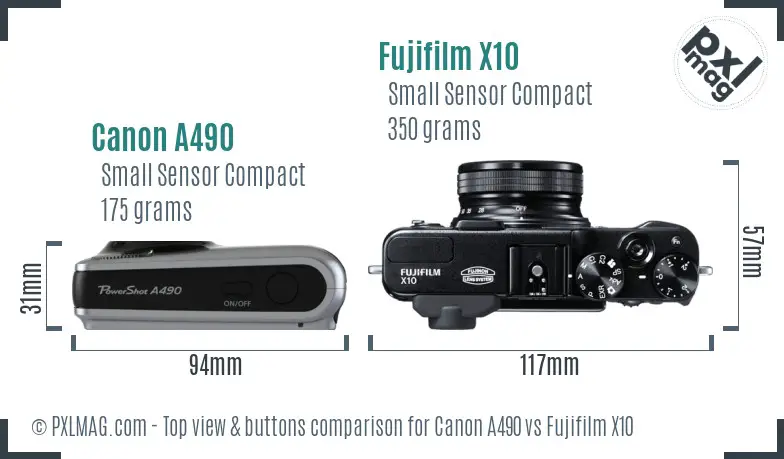 Canon A490 vs Fujifilm X10 top view buttons comparison Canon A490 vs Fujifilm X10 top view buttons comparison