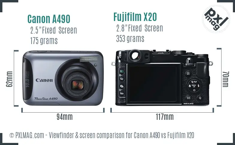 Canon A490 vs Fujifilm X20 Screen and Viewfinder comparison