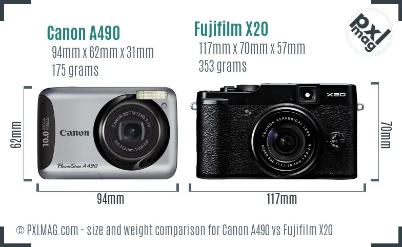 Canon A490 vs Fujifilm X20 size comparison