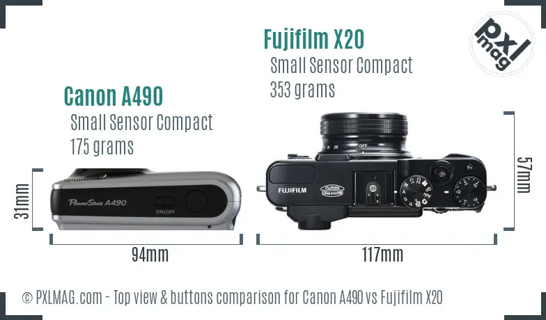 Canon A490 vs Fujifilm X20 top view buttons comparison