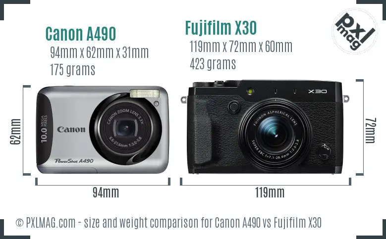 Canon A490 vs Fujifilm X30 size comparison