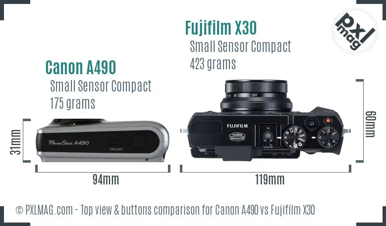 Canon A490 vs Fujifilm X30 top view buttons comparison