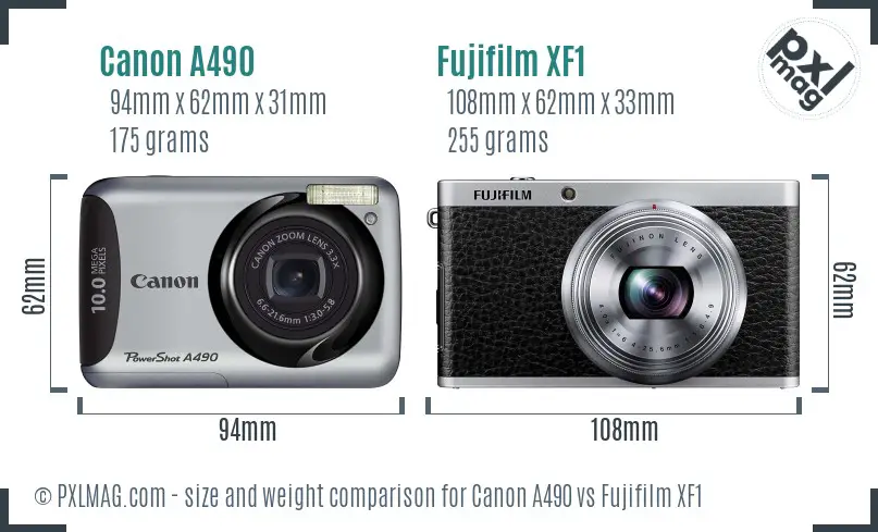 Canon A490 vs Fujifilm XF1 size comparison