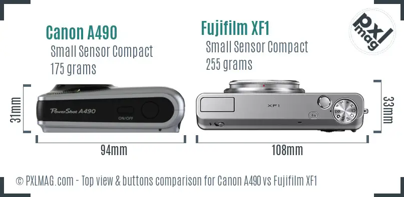 Canon A490 vs Fujifilm XF1 top view buttons comparison