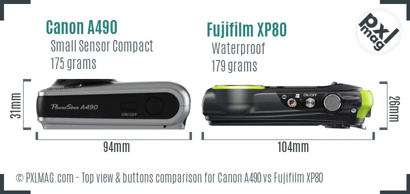 Canon A490 vs Fujifilm XP80 top view buttons comparison Canon A490 vs Fujifilm XP80 top view buttons comparison