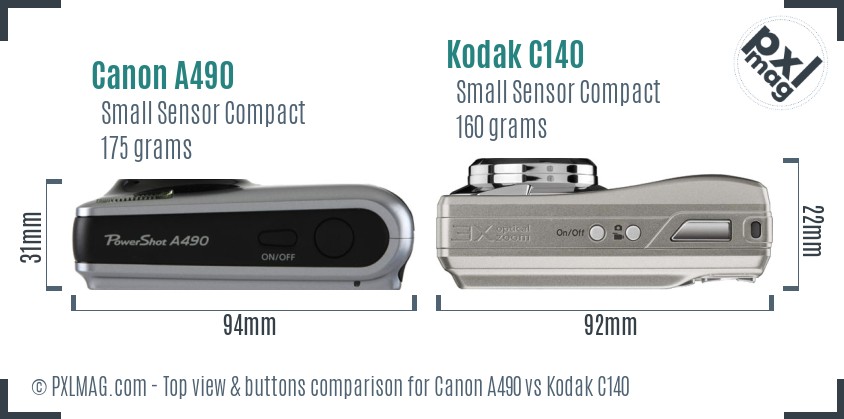 Canon A490 vs Kodak C140 top view buttons comparison