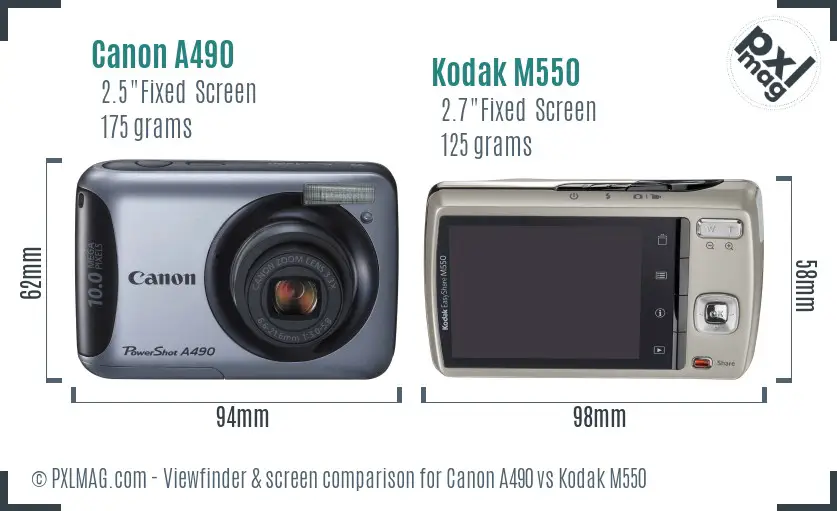 Canon A490 vs Kodak M550 Screen and Viewfinder comparison
