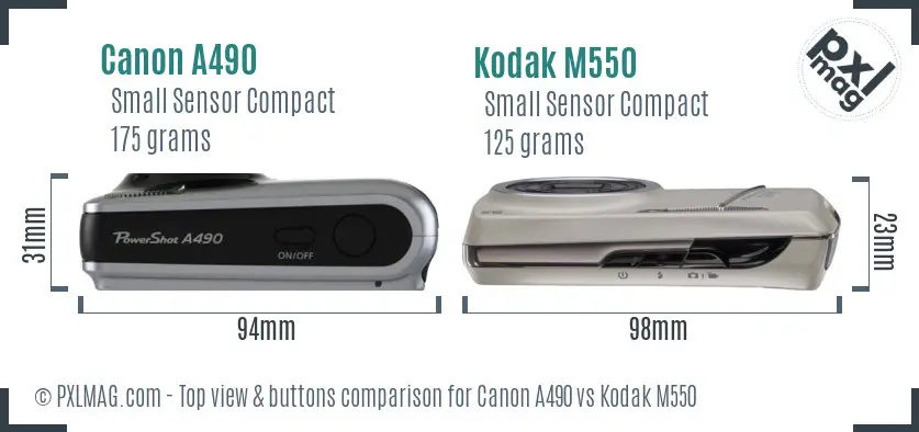 Canon A490 vs Kodak M550 top view buttons comparison
