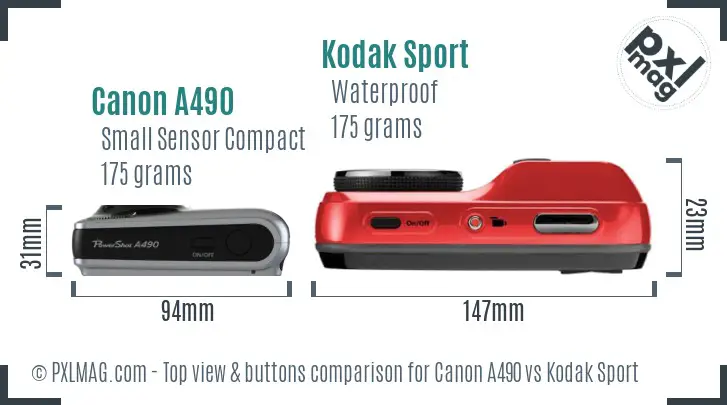 Canon A490 vs Kodak Sport top view buttons comparison Canon A490 vs Kodak Sport top view buttons comparison
