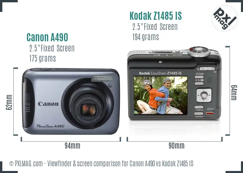 Canon A490 vs Kodak Z1485 IS Screen and Viewfinder comparison